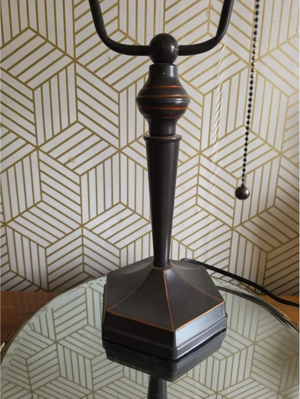 Traditional Bankers Lamp Bronze Hexagonal Base Amber Glass Shade